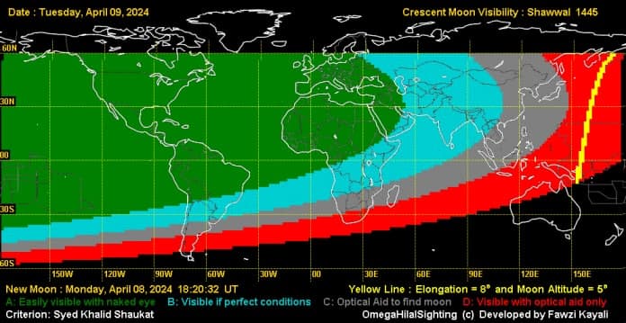 نقشه رویت هلال ماه در غروب روز سه شنبه 21 حمل 1403