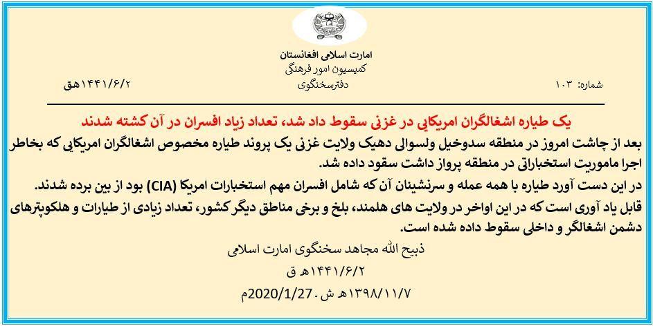 بیانیه ذبیح الله مجاهد در خصوص سقوط هواپیمای تروریست های آمریکایی در ولایت غزنی - خبرگزاری افغان ایرکا