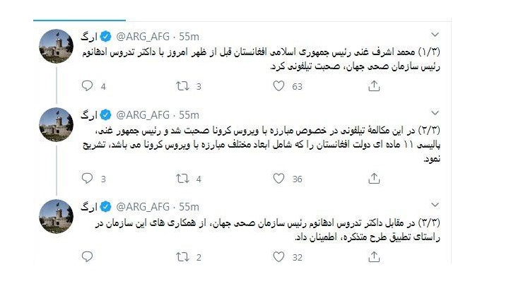 غنی با رییس سازمان صحی جهان در مورد مبارزه با کرونا تلفنی صحبت کرد - خبرگزاری افغان ایرکا