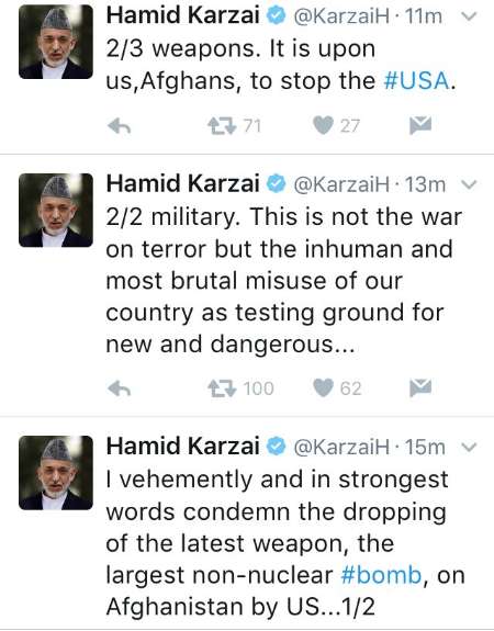 حامد کرزی کاربرد بزرگترین بمب غیراتمی آمریکا را در افغانستان محکوم کرد/این جنگ علیه ترور نیست/آمریکا را متوقف کنیم - تصویر دوم خبر