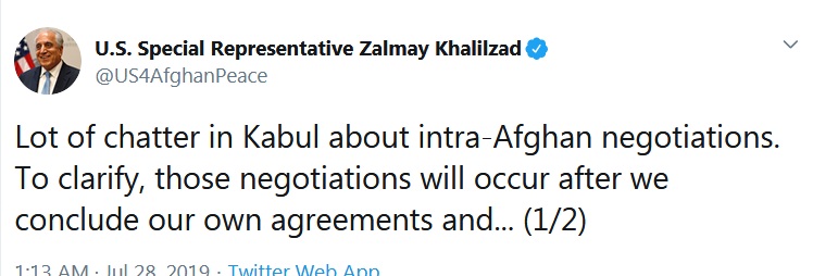 خلیلزاد: مذاکرات بین الافغانی پس از نهایی شدن توافق نامه امریکا با گروه طالبان آغاز خواهد شد - خبرگزاری افغان ایرکا