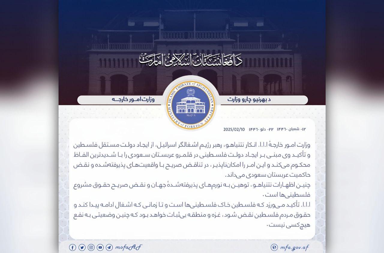 طالبان پیشنهاد نتانیاهو برای تشکیل دولت فلسطین در عربستان را محکوم کرد - خبرگزاری افغان ایرکا